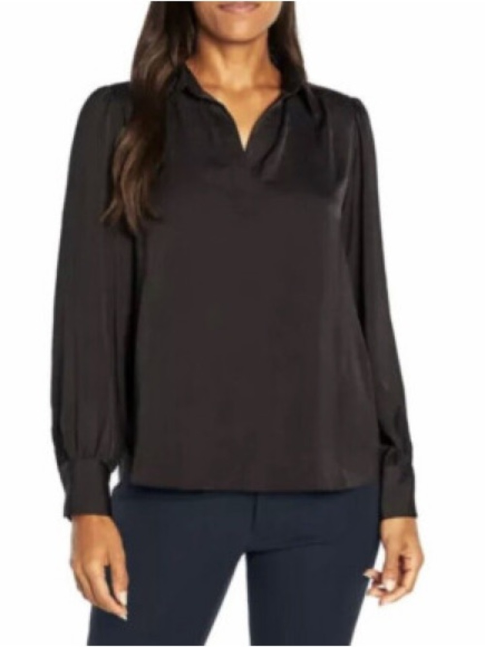 Banana Republic Dark Gray Long-Sleeve Split-Neck Blouse